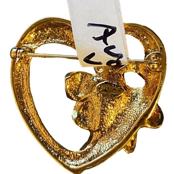Vintage Gold Heart Flower Brooch With Rhinestone Center Retro Pin Jewelry Access - Picture 4 of 7